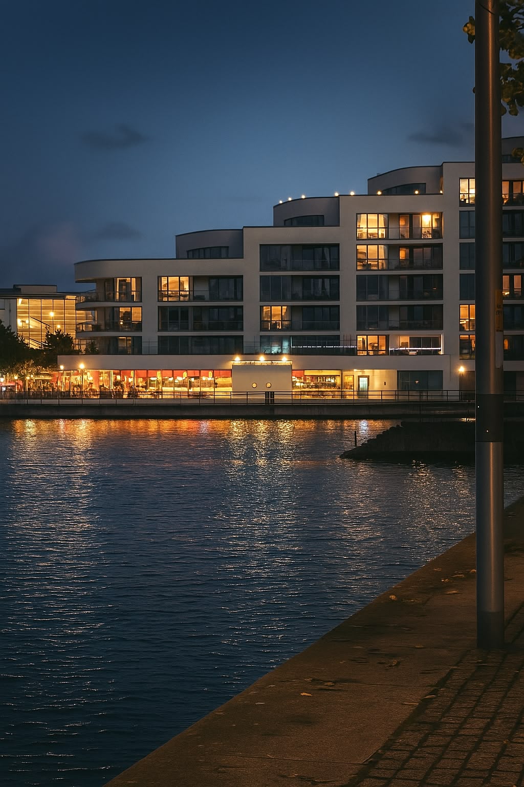 PortoBello on Portishead Marina reflected in the marina at dusk