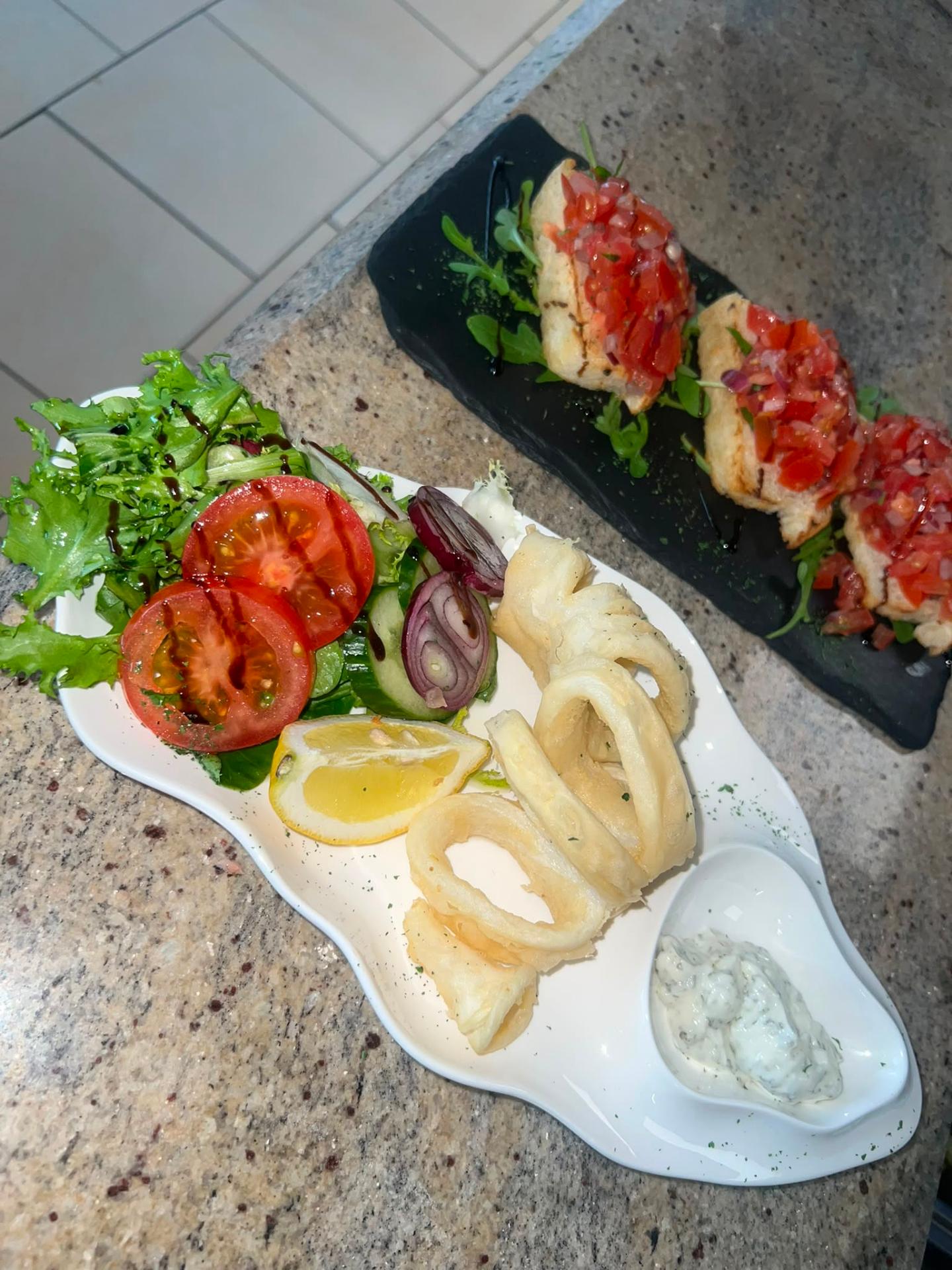 Calamari and bruschetta antipasti platter